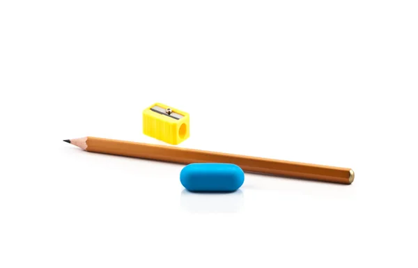 Ołówek, temperówka i Gumka — Zdjęcie stockowe