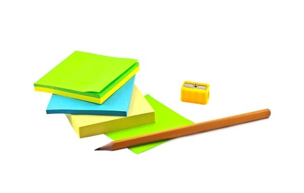 Pencil, sharpener and memory stickers — Stock Photo, Image