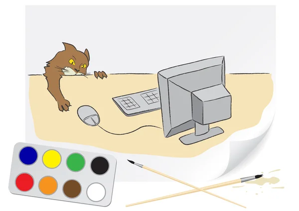 Zeichnung Katze und Computer — Stockvektor