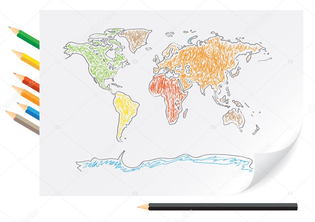 Drawing world map by a color pencils