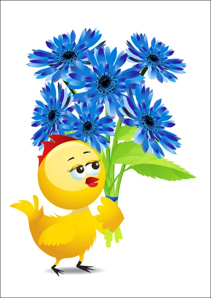 Chicken with blue cornflowers — Stock Photo, Image