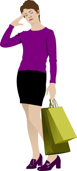 Schattig winkelen dame met zakken. vector — Stockvector