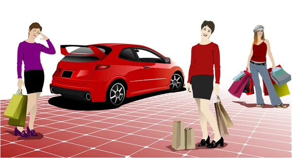 Tre donne dello shopping con auto rossa — Vettoriale Stock