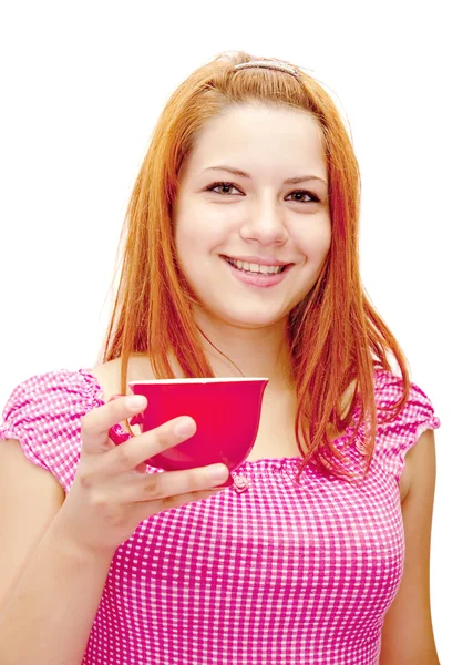 Dívka s červenými cup — Stock fotografie