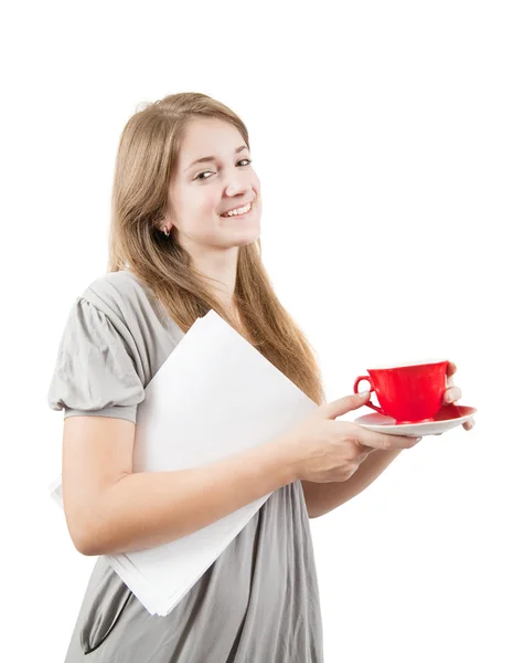 Chica con taza roja —  Fotos de Stock