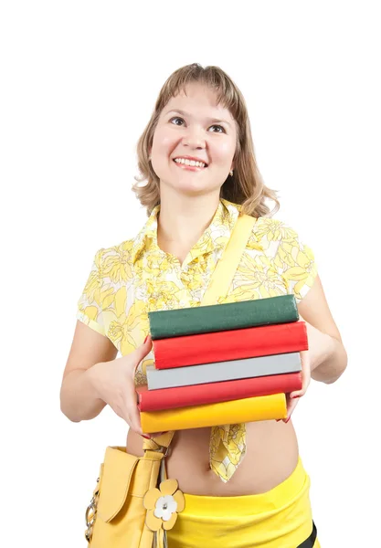 Dívka s knihami nad bílá — Stock fotografie