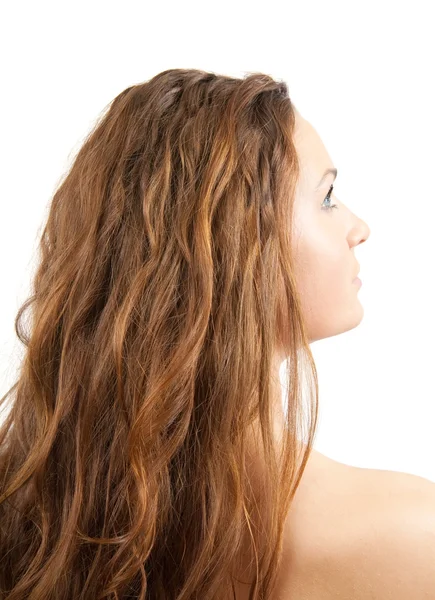 Cabeça de menina de cabelos longos sobre branco — Fotografia de Stock