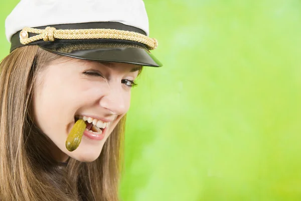 Female sailor with pickled cucumbers — Stock Photo, Image
