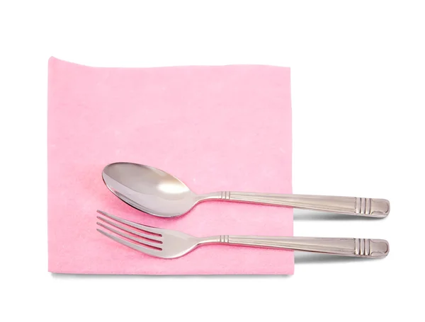 Fork and spoon on pink napkin — Stock Photo, Image