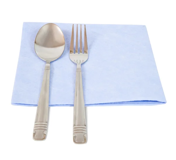 Fourchette et cuillère sur serviette bleue — Photo