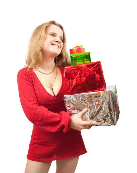 Menina em vestido com caixas de presente — Fotografia de Stock
