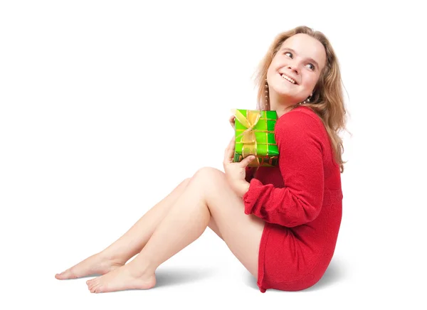 Chica con cajas de regalo verde —  Fotos de Stock