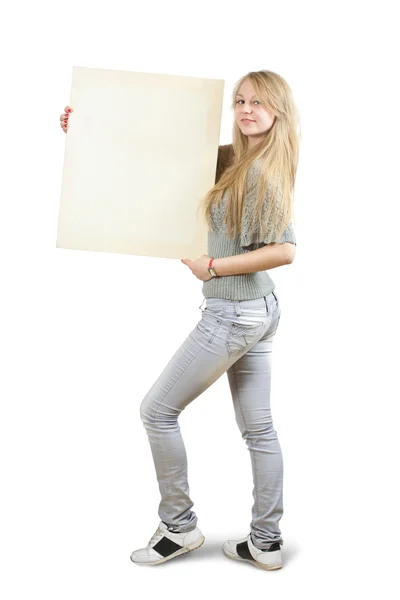 Blondýnka drží transparent — Stock fotografie
