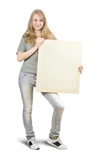Menina loira segura cartaz vazio — Fotografia de Stock