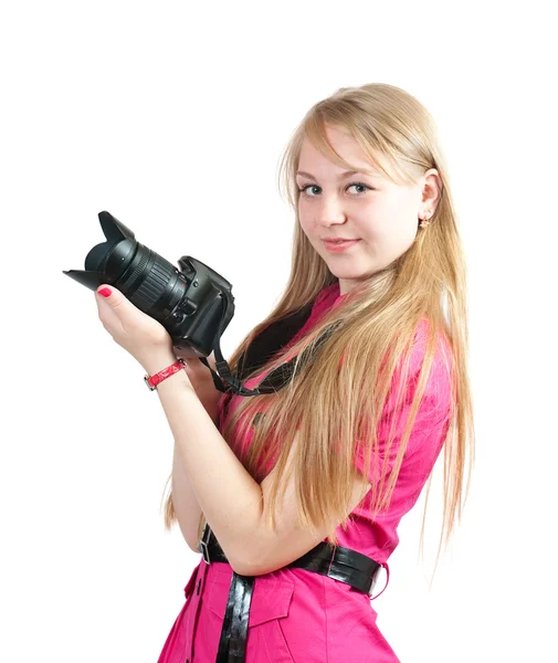 Photographer girl with camera — Stock Photo, Image