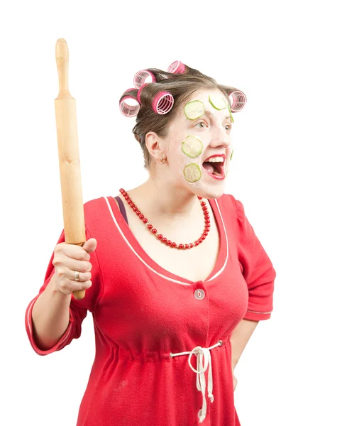 Verrückte Hausfrau auf weiß — Stockfoto