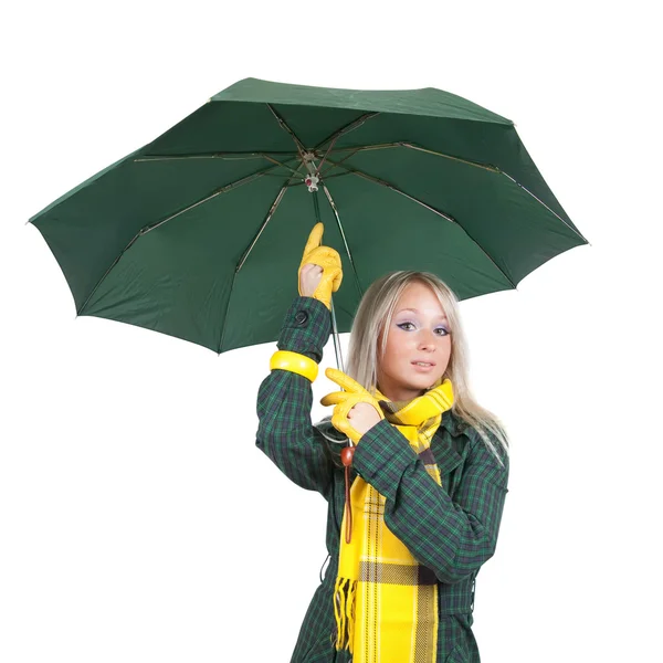 Girl in green coat with umbrella — Stock Photo, Image