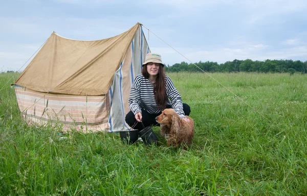 Ragazza con cane in campeggio — Foto Stock
