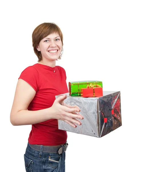 Chica sosteniendo cajas de colores —  Fotos de Stock
