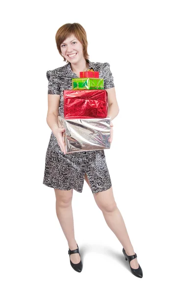 흰색 위에 선물 상자와 소녀 — 스톡 사진