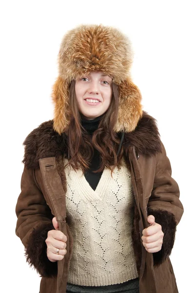 Mulher em casaco de pele de carneiro — Fotografia de Stock