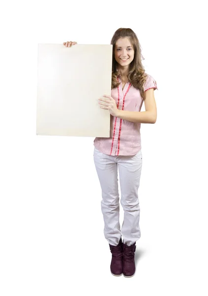 Teen girl holds blank canvas — Stock Photo, Image