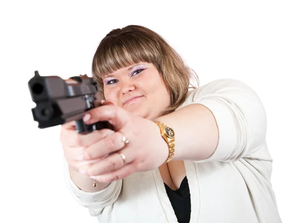 Meisje, pogend een zwarte pistool — Stockfoto