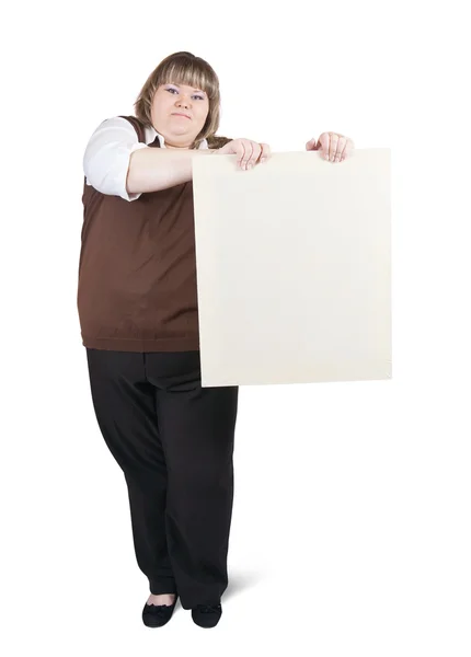 Large girl holds blank canva — Stock Photo, Image