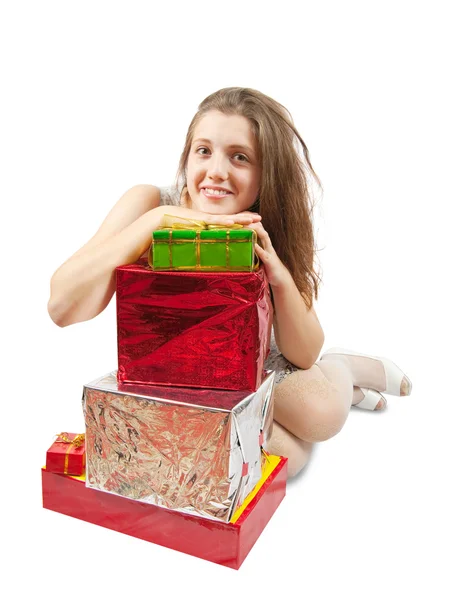 Girl with few present boxe — Stock Photo, Image