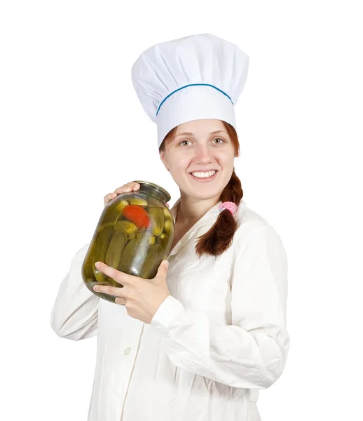 Koken vrouw met ingemaakte producten — Stockfoto