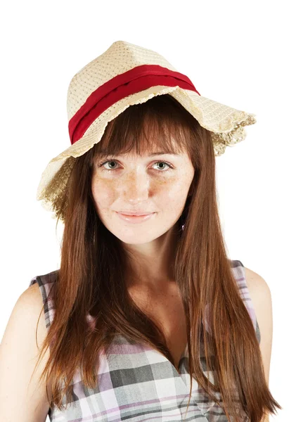 Freckled girl in hat — Stok fotoğraf