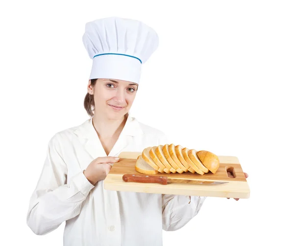 Женщина-повар с ломтиком хлеба — стоковое фото