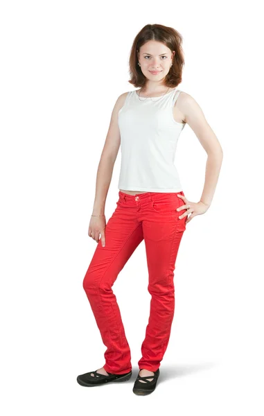 Dziewczyna oung w czerwone dżinsy — Zdjęcie stockowe
