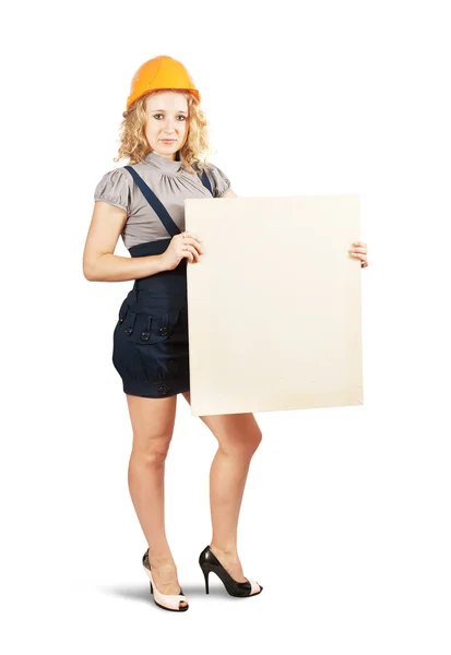 Woman in hardhat holding banner — Stock Photo, Image