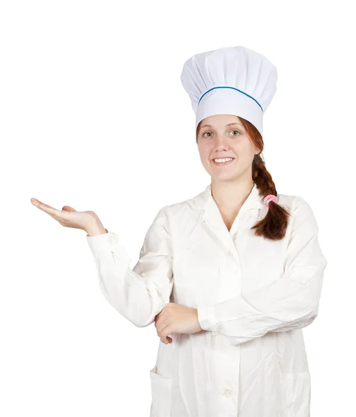 Cook woman points hand — Stock Photo, Image