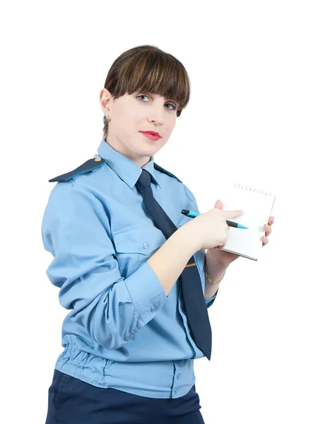 Woman in uniform is point at blank — Stock Photo, Image