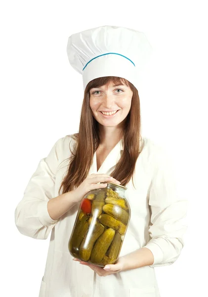 Cook with tin of pickled products — Stock Photo, Image