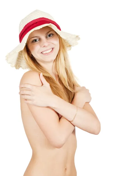 Polonahá dívka v klobouku beach — Stock fotografie