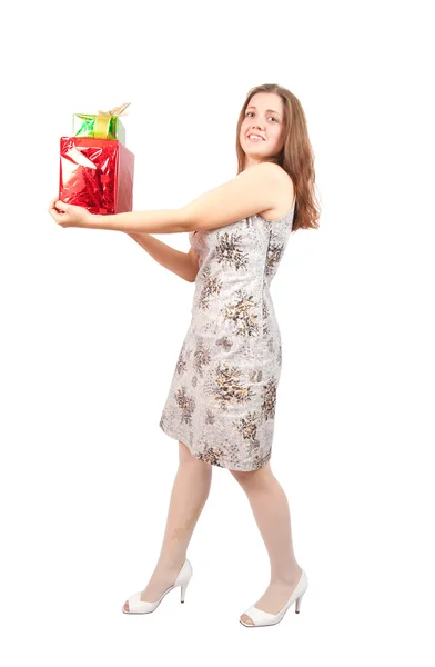 Žena stojící s dárky — Stock fotografie