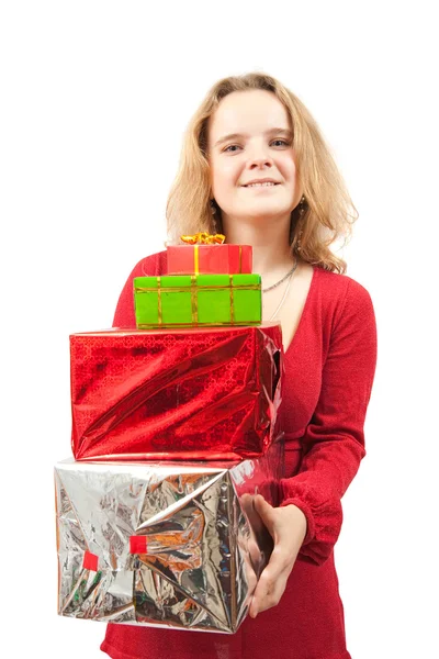 Дівчина з кольоровими подарунковими коробками — стокове фото