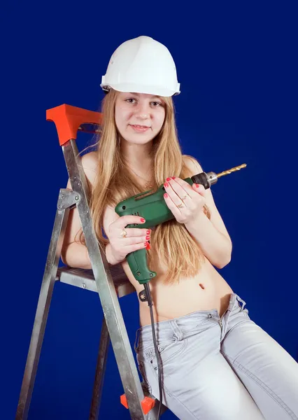 Topless girl with drill — Stock Photo, Image