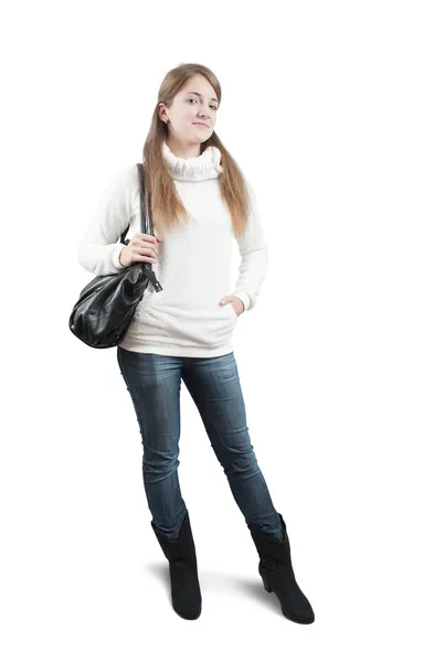 Έφηβος κορίτσι στο πουλόβερ με τσάντα πάνω από το λευκό — Φωτογραφία Αρχείου