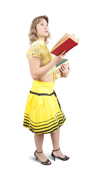 Chica leyendo libro sobre blanco — Foto de Stock
