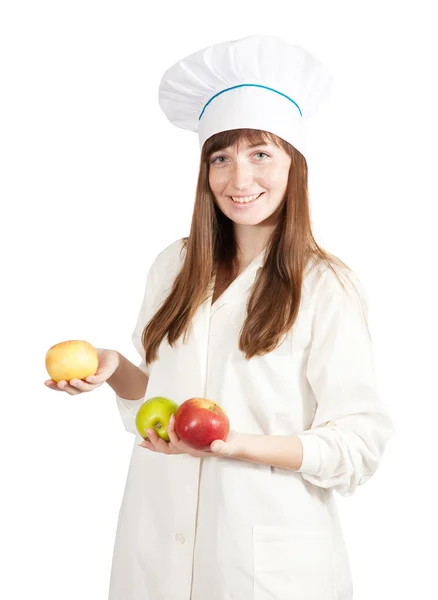 Mulher chef segurando maçãs — Fotografia de Stock