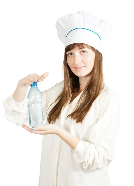 Cocinera femenina con botella — Foto de Stock