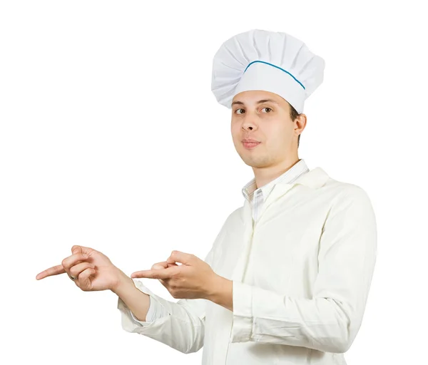 Cook man points hand over white — Stock Photo, Image