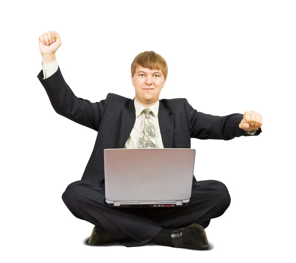 Homem feliz usando um laptop — Fotografia de Stock