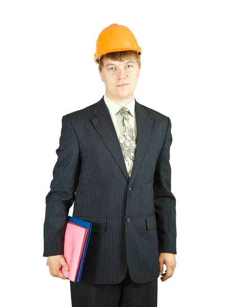 Empresário de chapéu duro com documentos — Fotografia de Stock