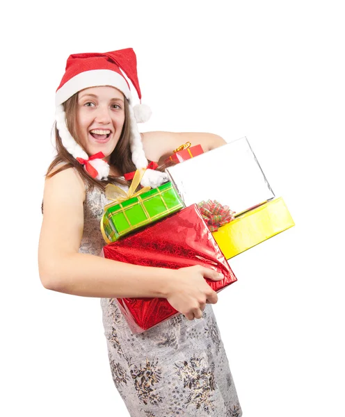 Girl holding coloured boxes — Stock Photo, Image