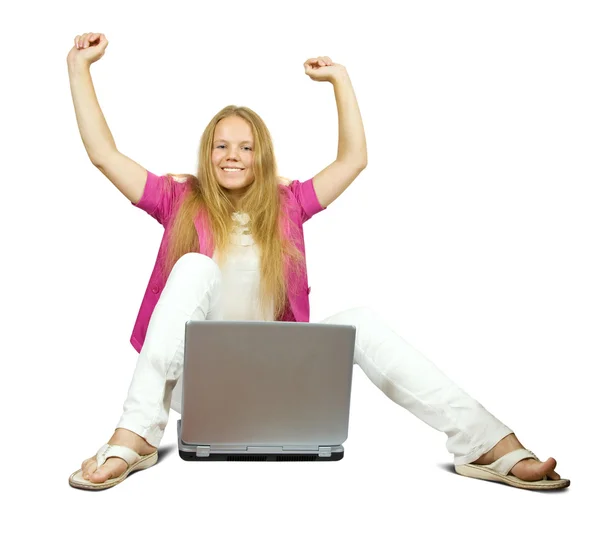 Meisje zitten met laptop — Stockfoto